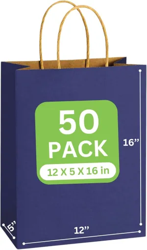 JET PAPER BAGS - 12”x5”x16” Inch [50 Pcs] Large Gift Bags with Handles Bulk Prime Kraft Bags for Gifts, Grocery, Goody, Retail, Party, Weddings - Kraft Paper Gift Bags (Navy Blue 50 PCS Count)