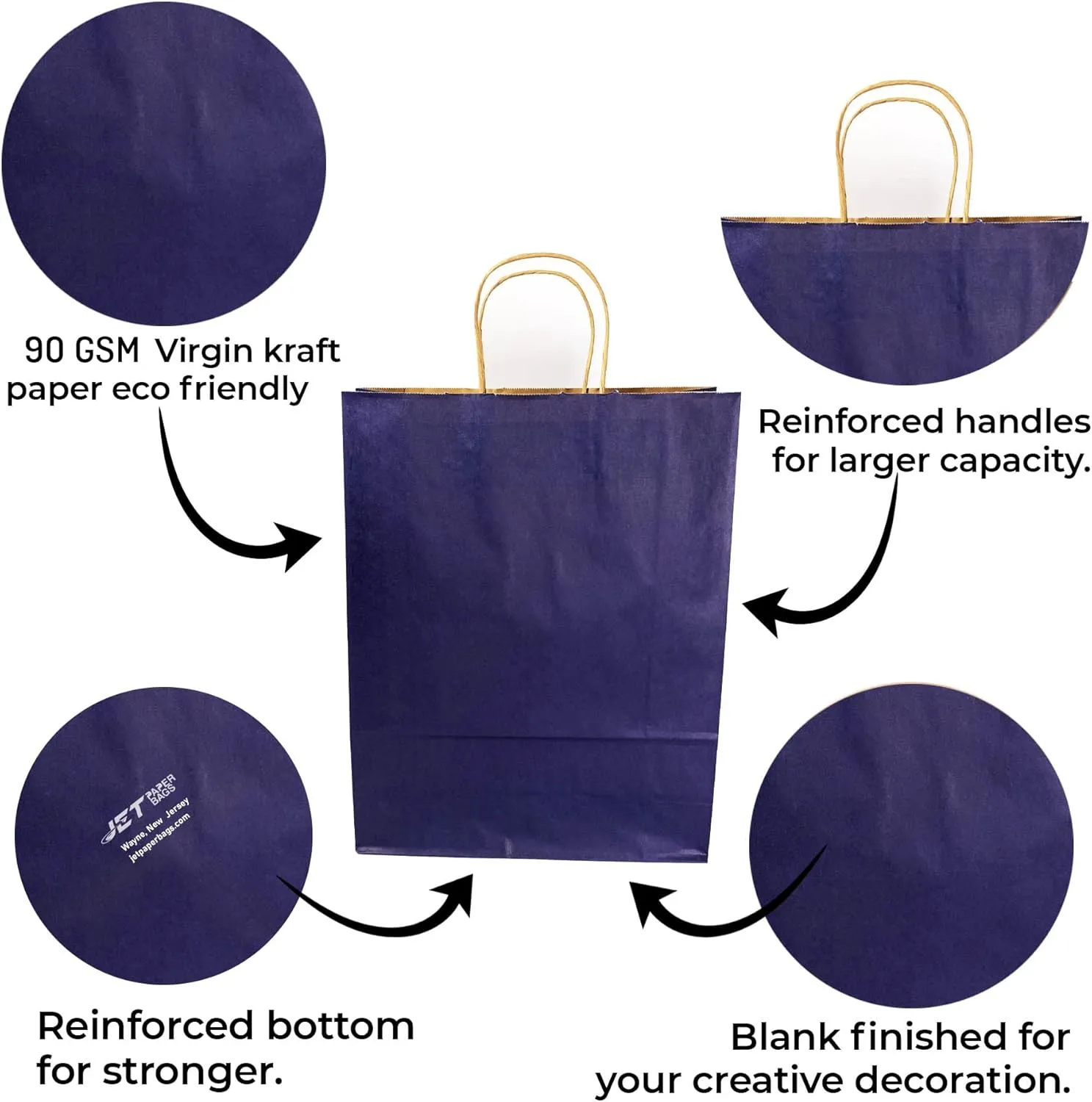 JET PAPER BAGS - 12”x5”x16” Inch [50 Pcs] Large Gift Bags with Handles Bulk Prime Kraft Bags for Gifts, Grocery, Goody, Retail, Party, Weddings - Kraft Paper Gift Bags (Navy Blue 50 PCS Count)