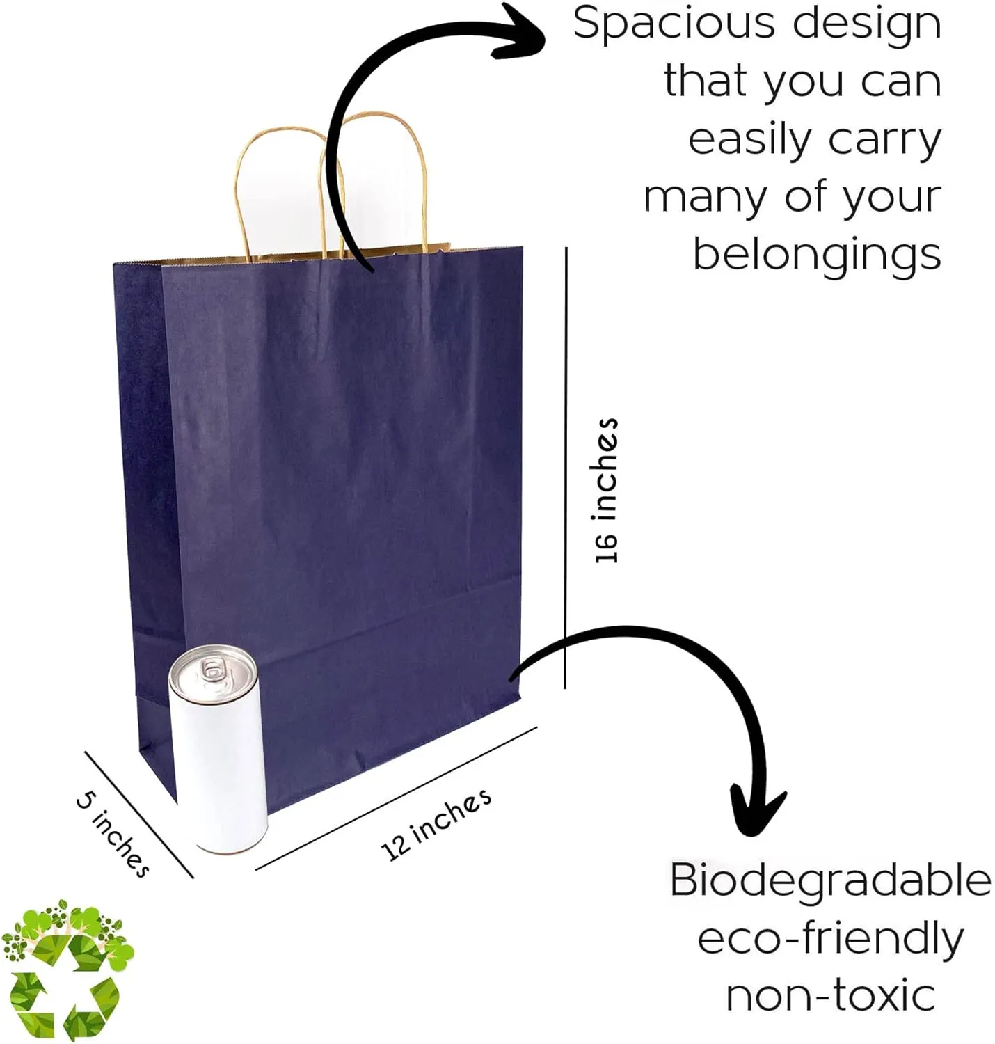 JET PAPER BAGS - 12”x5”x16” Inch [50 Pcs] Large Gift Bags with Handles Bulk Prime Kraft Bags for Gifts, Grocery, Goody, Retail, Party, Weddings - Kraft Paper Gift Bags (Navy Blue 50 PCS Count)