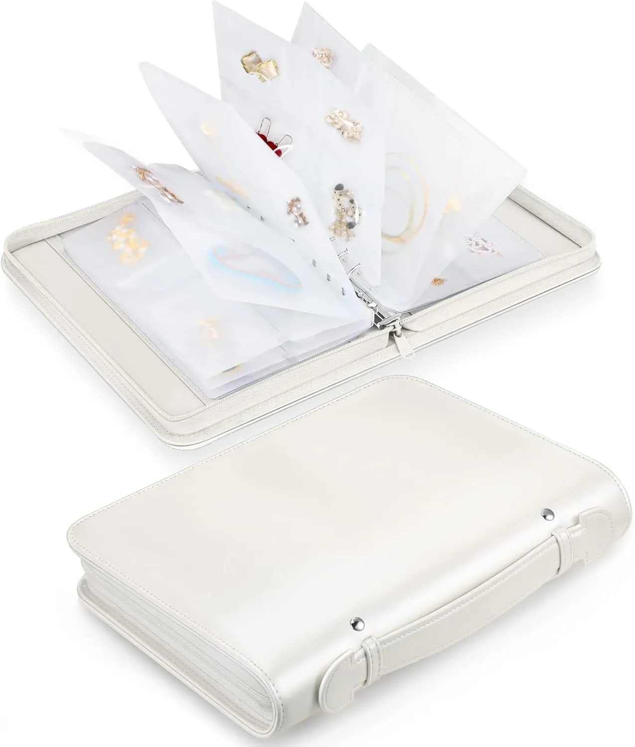 Jewelry Travel Organizer Case, PU Leather Portable Jewelry Storage Book with Transparent Pockets Zipper Bag for Necklaces, Earrings, Bracelets(48 Grids 48 Thicken PVC Bags), Pearl White