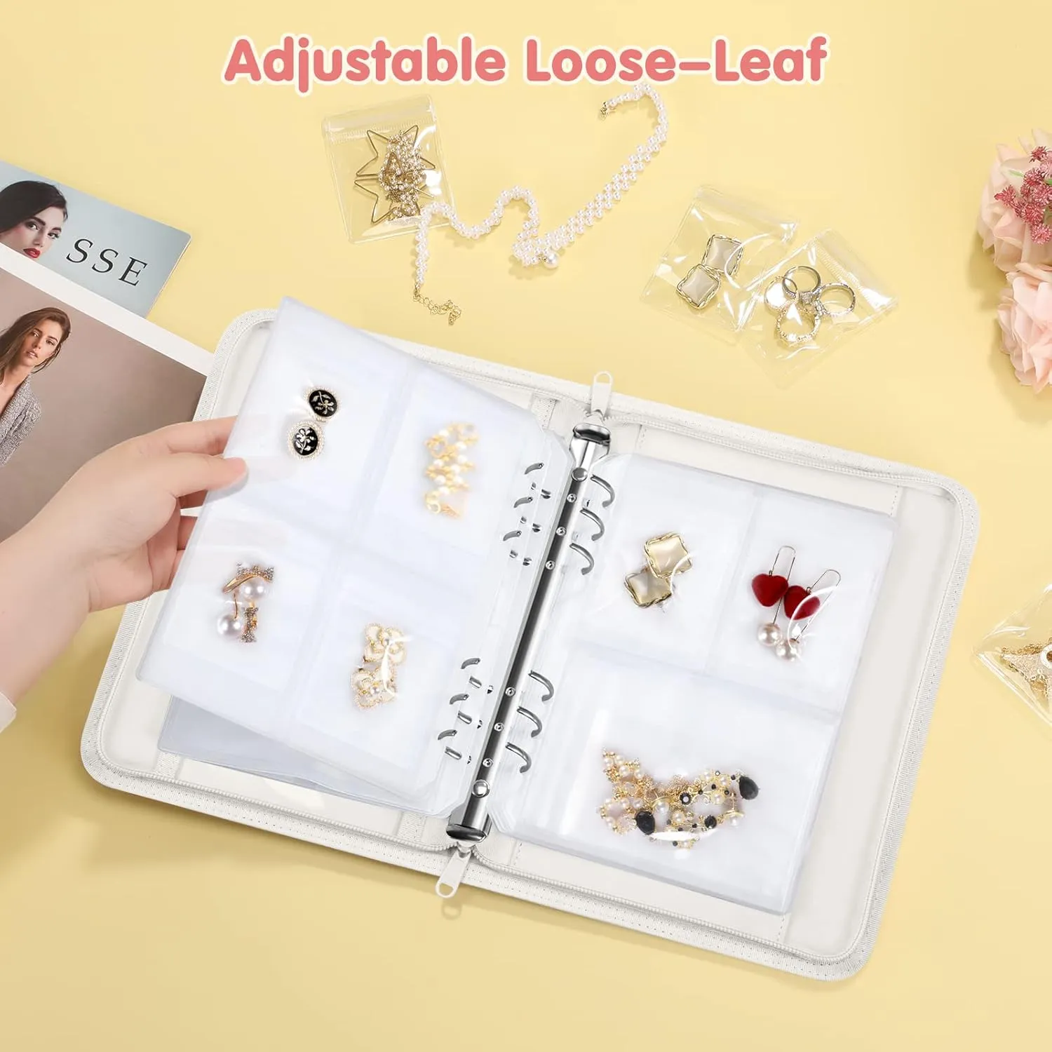 Jewelry Travel Organizer Case, PU Leather Portable Jewelry Storage Book with Transparent Pockets Zipper Bag for Necklaces, Earrings, Bracelets(48 Grids 48 Thicken PVC Bags), Pearl White