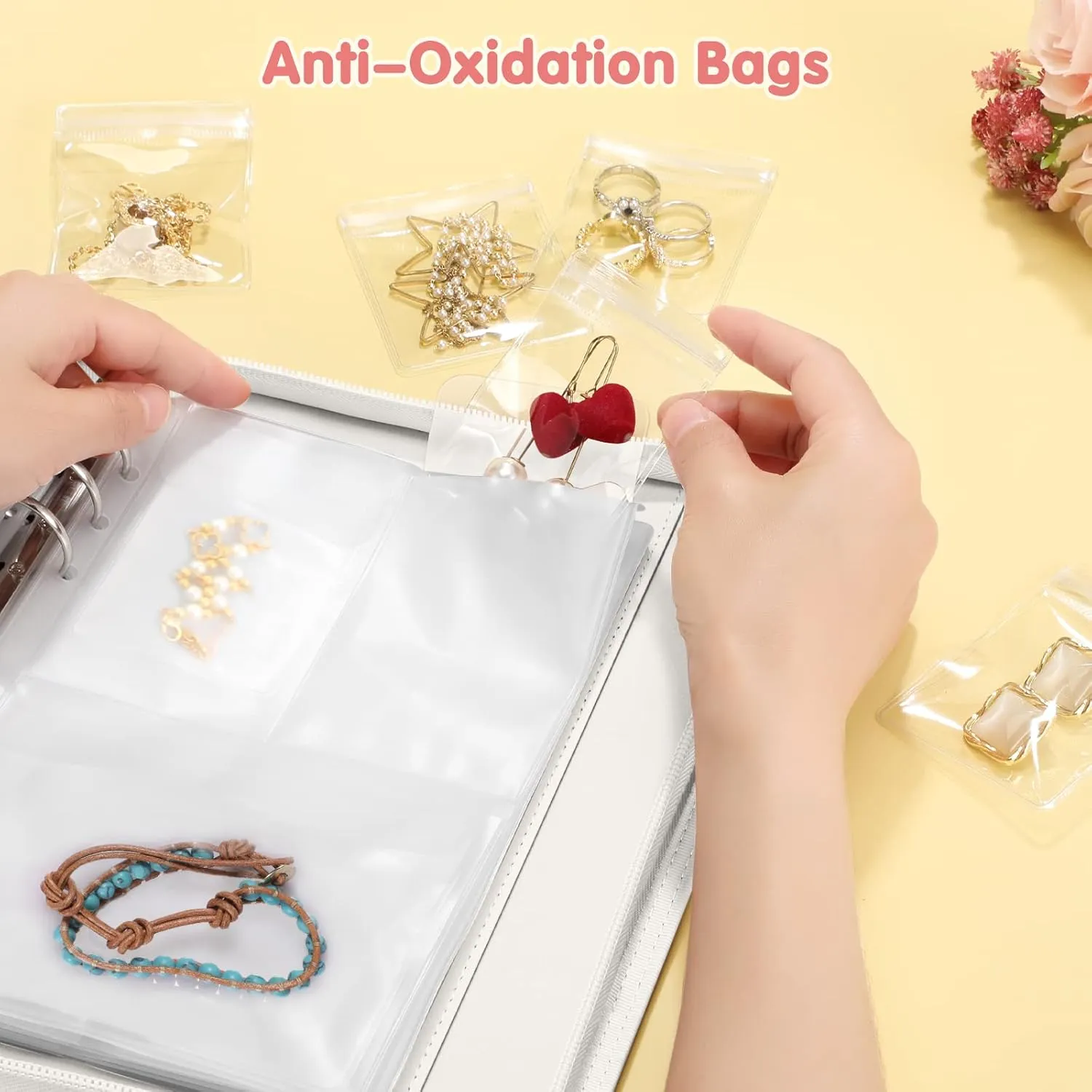 Jewelry Travel Organizer Case, PU Leather Portable Jewelry Storage Book with Transparent Pockets Zipper Bag for Necklaces, Earrings, Bracelets(48 Grids 48 Thicken PVC Bags), Pearl White