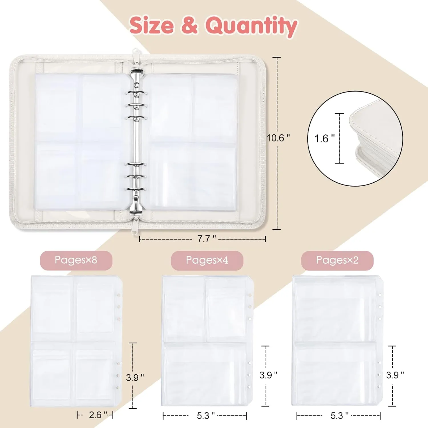 Jewelry Travel Organizer Case, PU Leather Portable Jewelry Storage Book with Transparent Pockets Zipper Bag for Necklaces, Earrings, Bracelets(48 Grids 48 Thicken PVC Bags), Pearl White