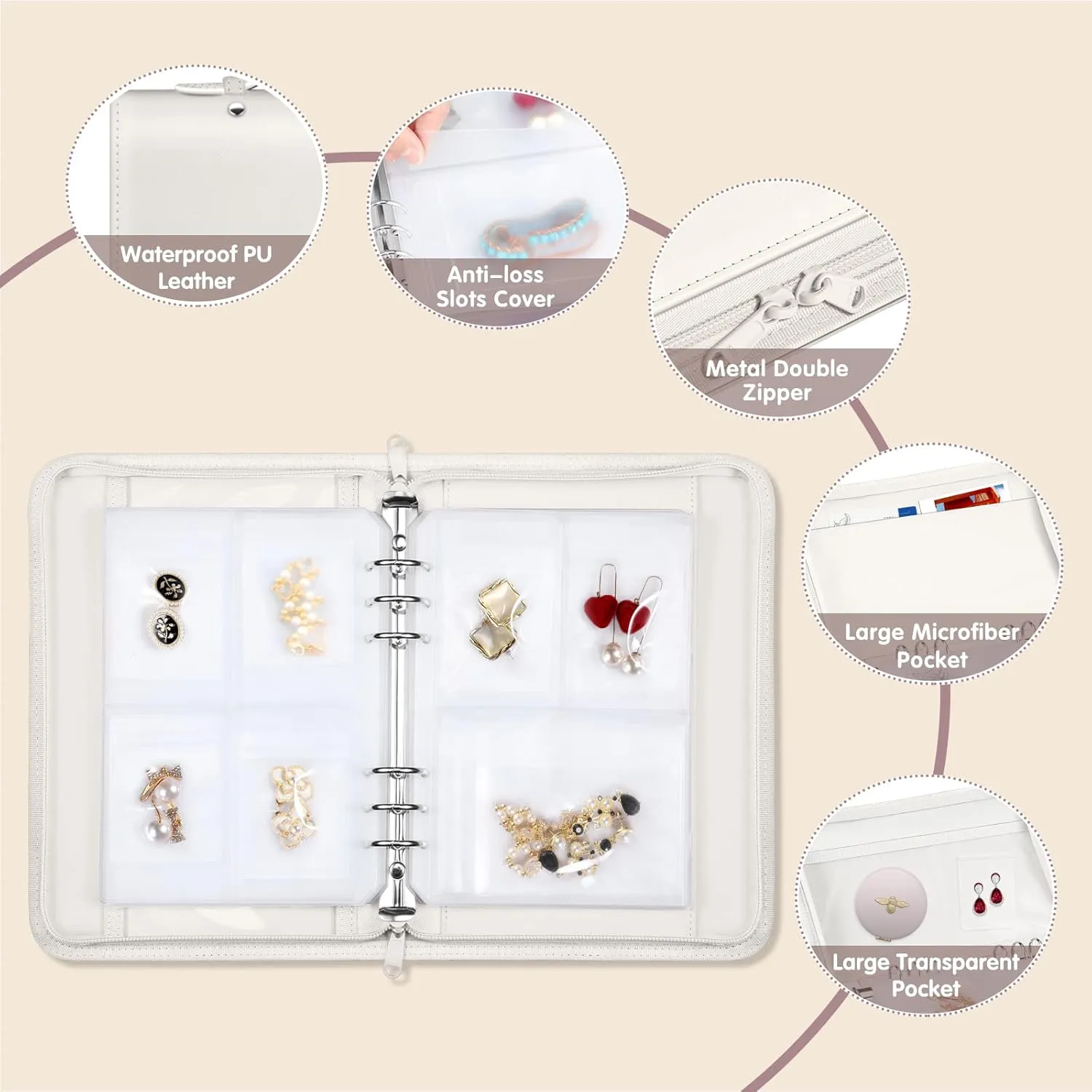 Jewelry Travel Organizer Case, PU Leather Portable Jewelry Storage Book with Transparent Pockets Zipper Bag for Necklaces, Earrings, Bracelets(48 Grids 48 Thicken PVC Bags), Pearl White