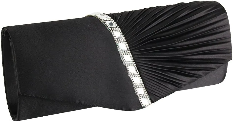 JIAN YA NA Womens Pleated Crystal-Studded Satin Handbag Evening Clutch Bags for Party Wedding Prom Cocktail