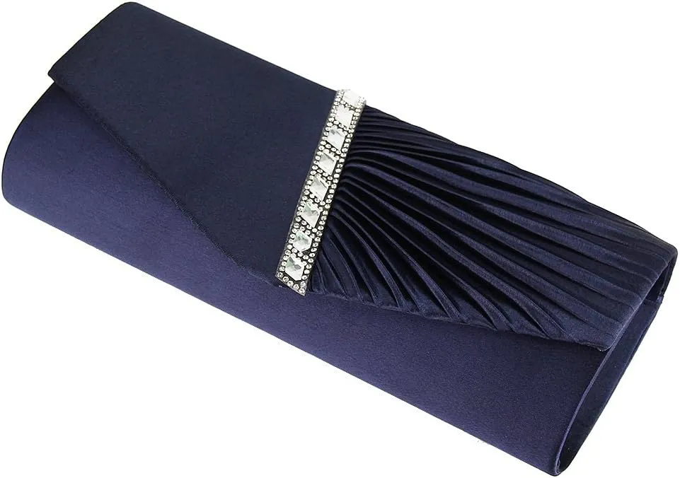 JIAN YA NA Womens Pleated Crystal-Studded Satin Handbag Evening Clutch Bags for Party Wedding Prom Cocktail