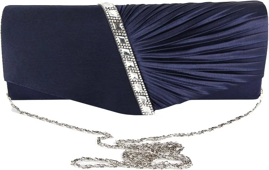 JIAN YA NA Womens Pleated Crystal-Studded Satin Handbag Evening Clutch Bags for Party Wedding Prom Cocktail