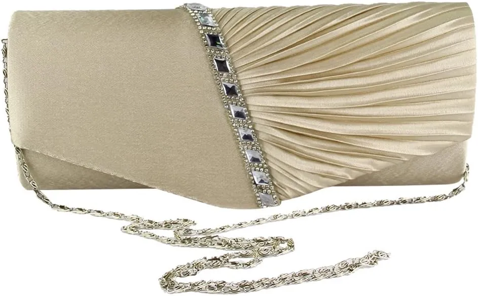 JIAN YA NA Womens Pleated Crystal-Studded Satin Handbag Evening Clutch Bags for Party Wedding Prom Cocktail