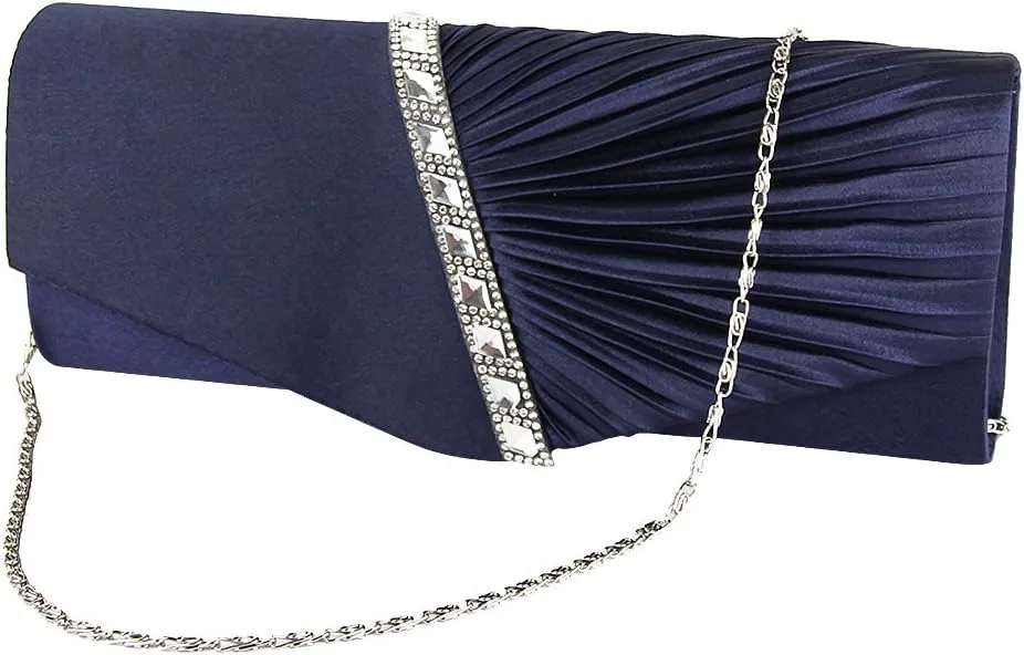 JIAN YA NA Womens Pleated Crystal-Studded Satin Handbag Evening Clutch Bags for Party Wedding Prom Cocktail