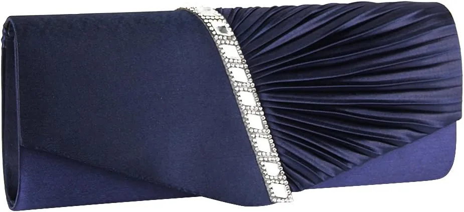 JIAN YA NA Womens Pleated Crystal-Studded Satin Handbag Evening Clutch Bags for Party Wedding Prom Cocktail