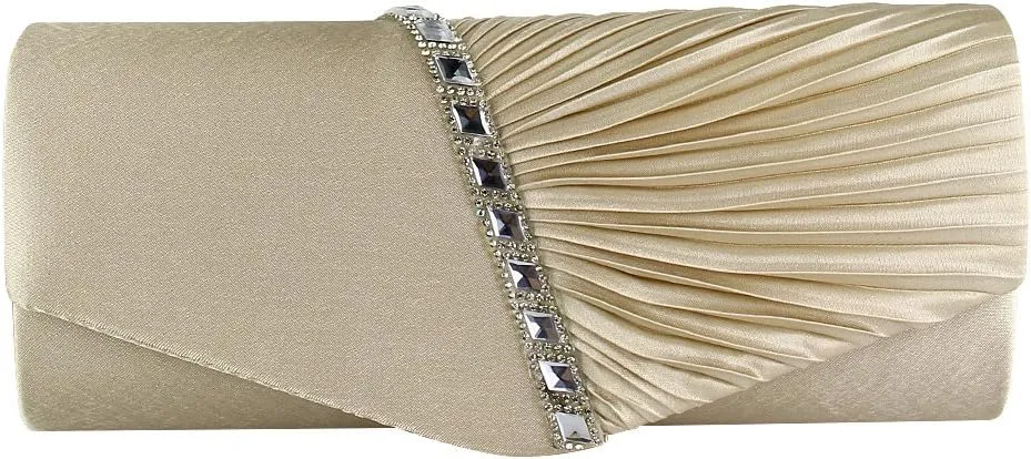 JIAN YA NA Womens Pleated Crystal-Studded Satin Handbag Evening Clutch Bags for Party Wedding Prom Cocktail