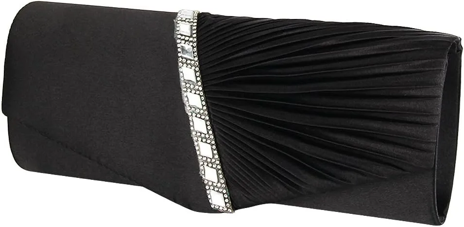 JIAN YA NA Womens Pleated Crystal-Studded Satin Handbag Evening Clutch Bags for Party Wedding Prom Cocktail