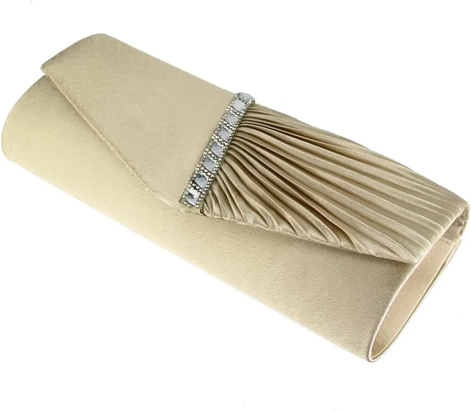 JIAN YA NA Womens Pleated Crystal-Studded Satin Handbag Evening Clutch Bags for Party Wedding Prom Cocktail