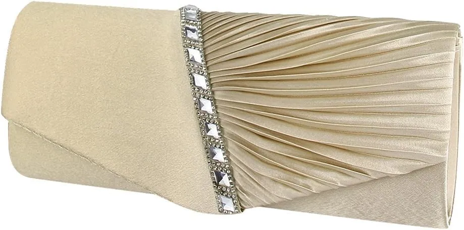 JIAN YA NA Womens Pleated Crystal-Studded Satin Handbag Evening Clutch Bags for Party Wedding Prom Cocktail
