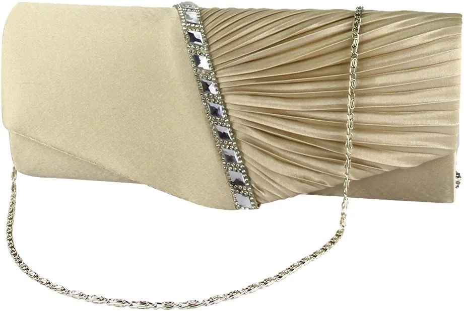 JIAN YA NA Womens Pleated Crystal-Studded Satin Handbag Evening Clutch Bags for Party Wedding Prom Cocktail