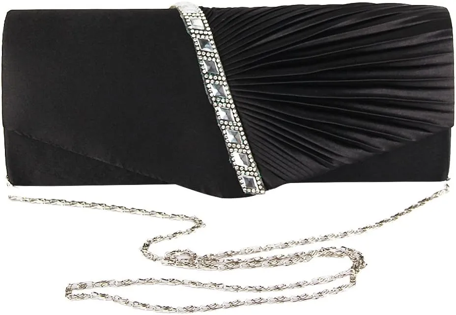 JIAN YA NA Womens Pleated Crystal-Studded Satin Handbag Evening Clutch Bags for Party Wedding Prom Cocktail