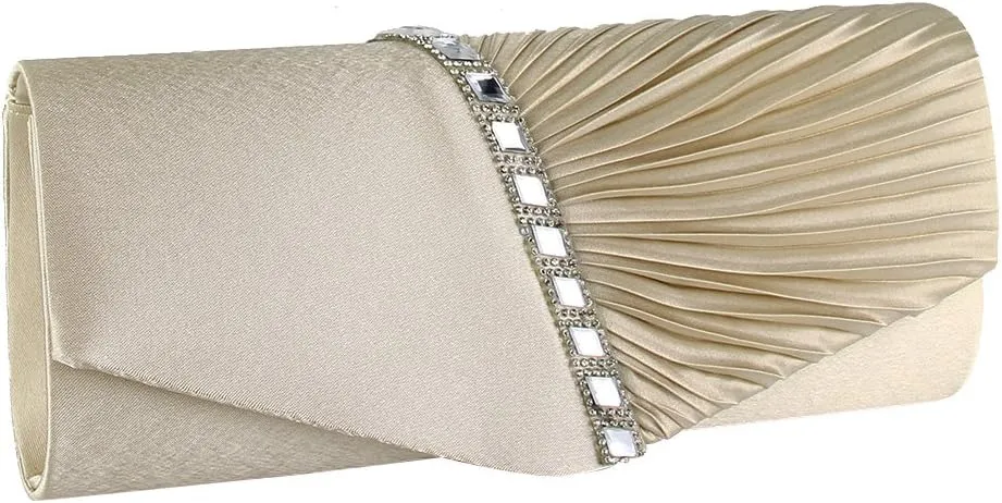 JIAN YA NA Womens Pleated Crystal-Studded Satin Handbag Evening Clutch Bags for Party Wedding Prom Cocktail