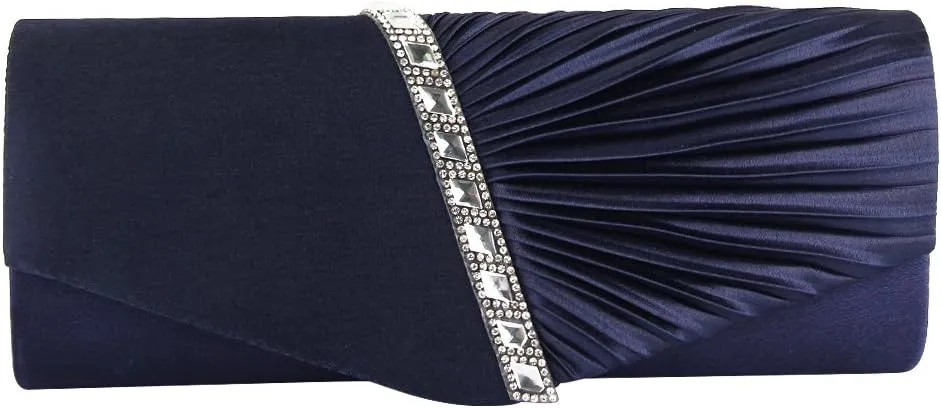 JIAN YA NA Womens Pleated Crystal-Studded Satin Handbag Evening Clutch Bags for Party Wedding Prom Cocktail