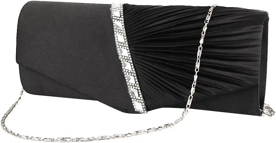 JIAN YA NA Womens Pleated Crystal-Studded Satin Handbag Evening Clutch Bags for Party Wedding Prom Cocktail