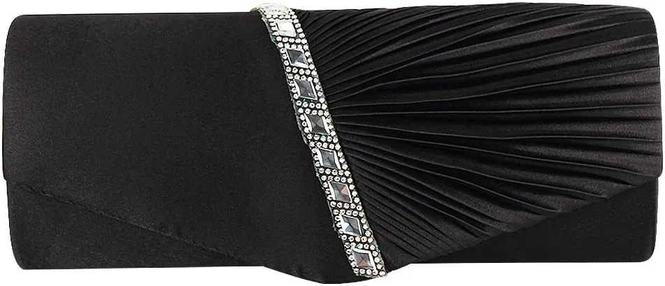 JIAN YA NA Womens Pleated Crystal-Studded Satin Handbag Evening Clutch Bags for Party Wedding Prom Cocktail