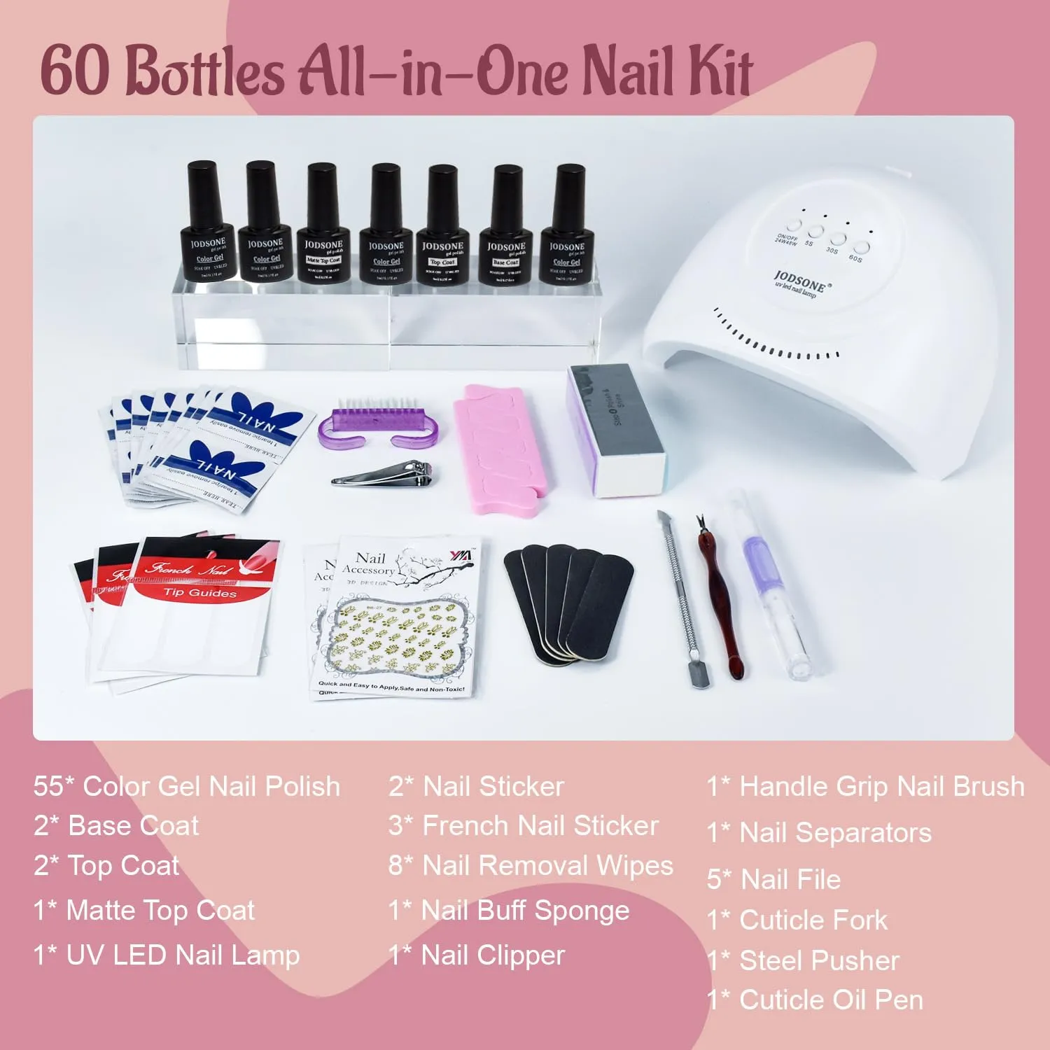 JODSONE Gel Nail Polish Kit 60 PCS with U V Light Soak off Base Top Coat 55 Shine Colors Gel Nail Kit Bright and Dark Brown Wine Red Series Manicure Set for Women and Girls