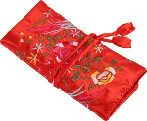 jojofuny Jewelry Roll Silk Jewellery Roll Wrap, Embroidery Brocade Jewellery Bag Roll Jewelry Pouch Organizer Travel Storage Case Makeup Organizer (Red)