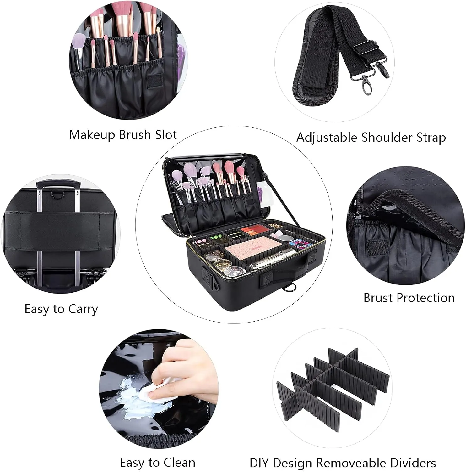 JOURMON Travel Makeup Case 3 Layers Portable Makeup Train Case Cosmetic Bag Organizer Storage for Women with Adjustable Dividers and Shoulder Strap for Toiletry Travel Accessories(Black, L)