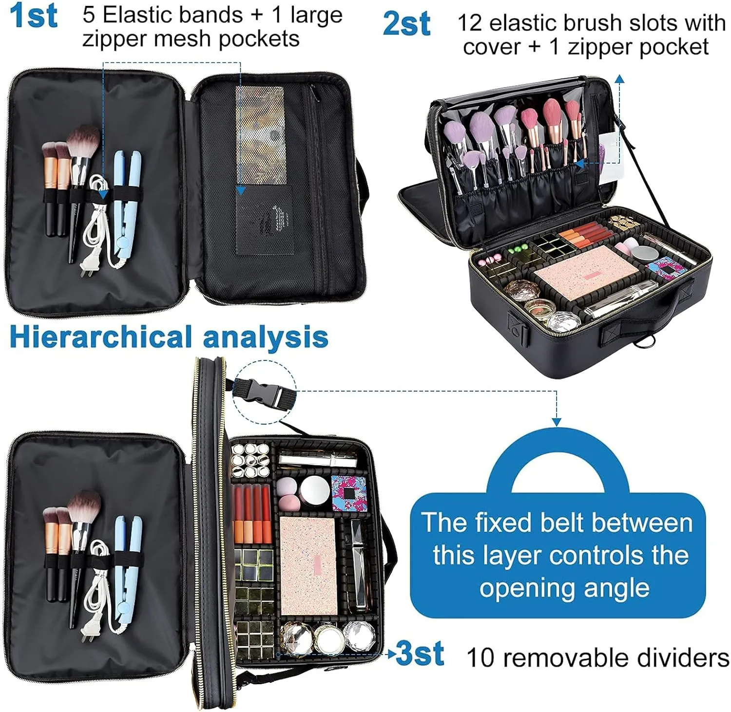 JOURMON Travel Makeup Case 3 Layers Portable Makeup Train Case Cosmetic Bag Organizer Storage for Women with Adjustable Dividers and Shoulder Strap for Toiletry Travel Accessories(Black, L)