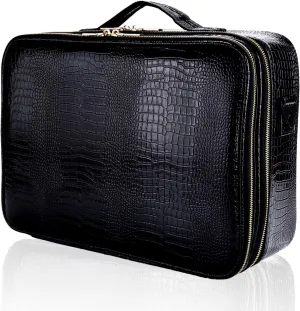 JOURMON Travel Makeup Case Portable Makeup Train Case Organizer Cosmetic Bag with Adjustable Dividers and Shoulder Strap for Makeup Brushes Toiletry Travel Accessories(Crocodile Pattern Black, L)