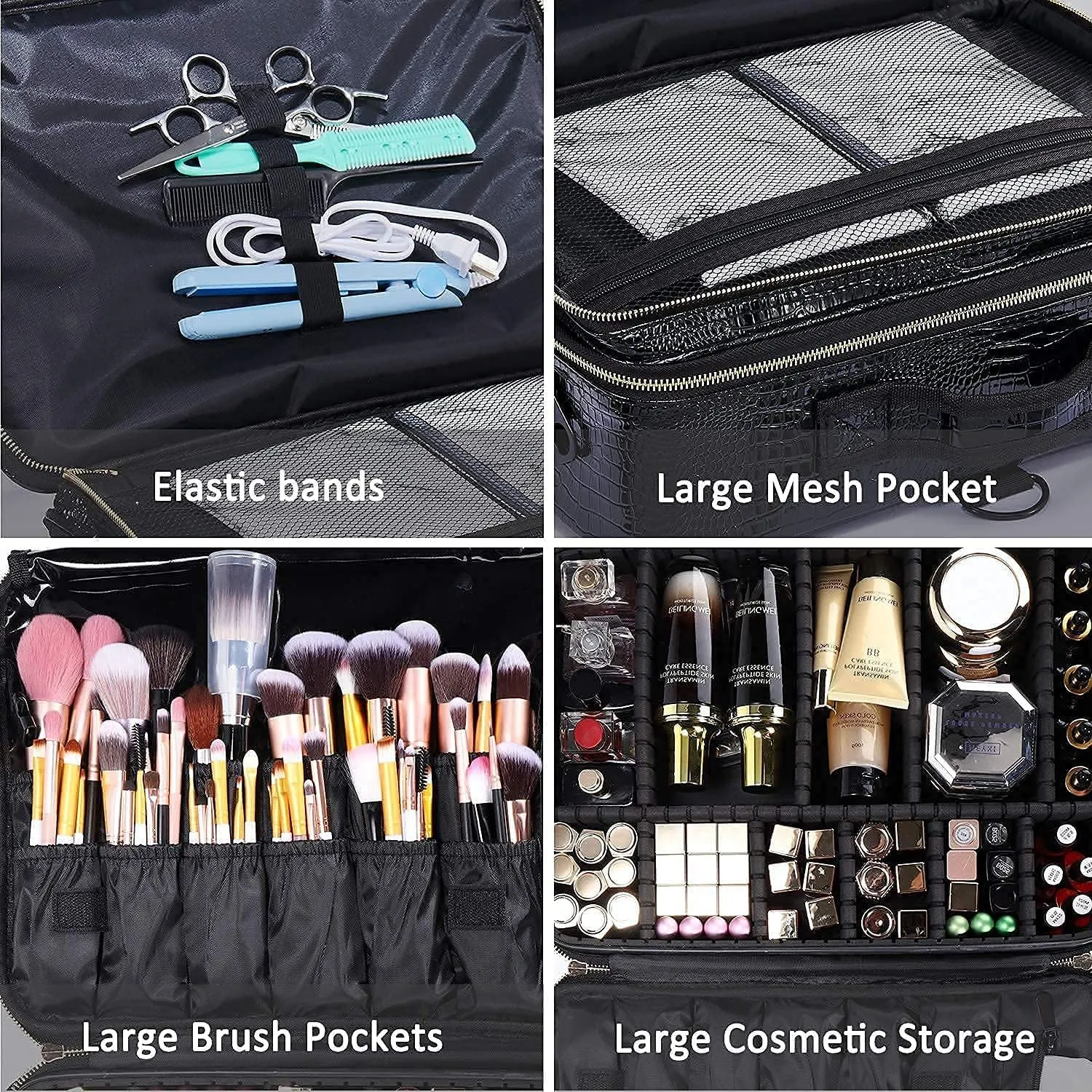 JOURMON Travel Makeup Case Portable Makeup Train Case Organizer Cosmetic Bag with Adjustable Dividers and Shoulder Strap for Makeup Brushes Toiletry Travel Accessories(Crocodile Pattern Black, L)