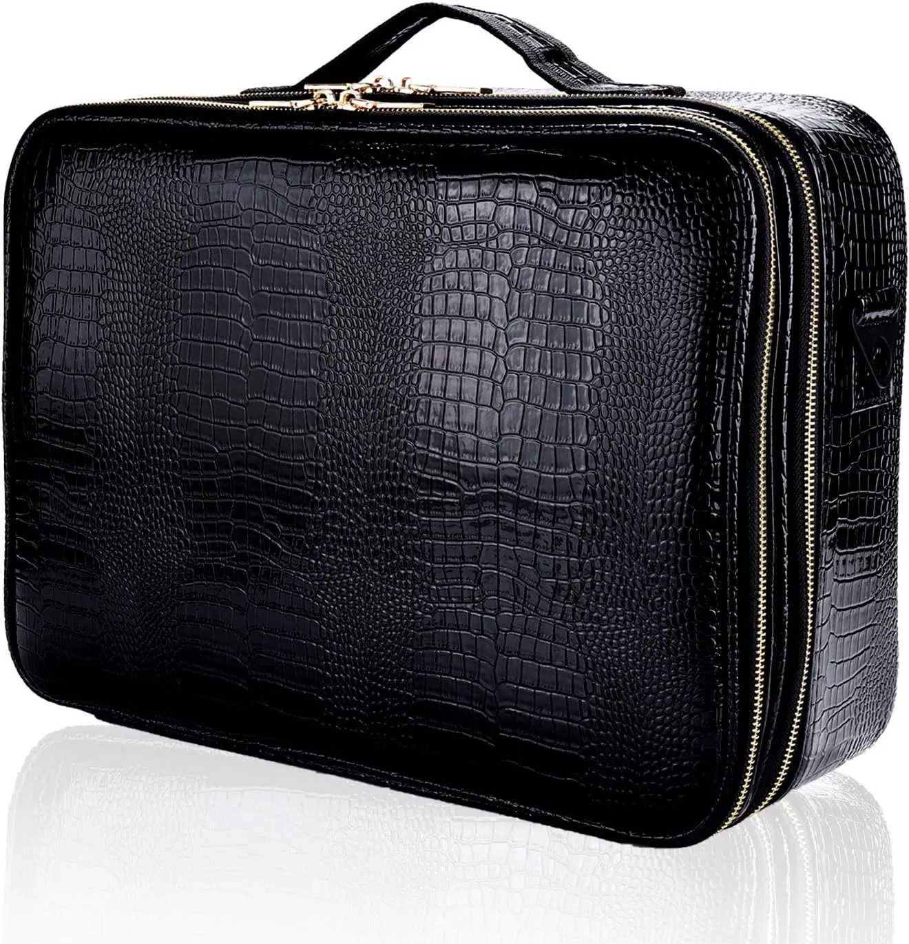 JOURMON Travel Makeup Case Portable Makeup Train Case Organizer Cosmetic Bag with Adjustable Dividers and Shoulder Strap for Makeup Brushes Toiletry Travel Accessories(Crocodile Pattern Black, L)