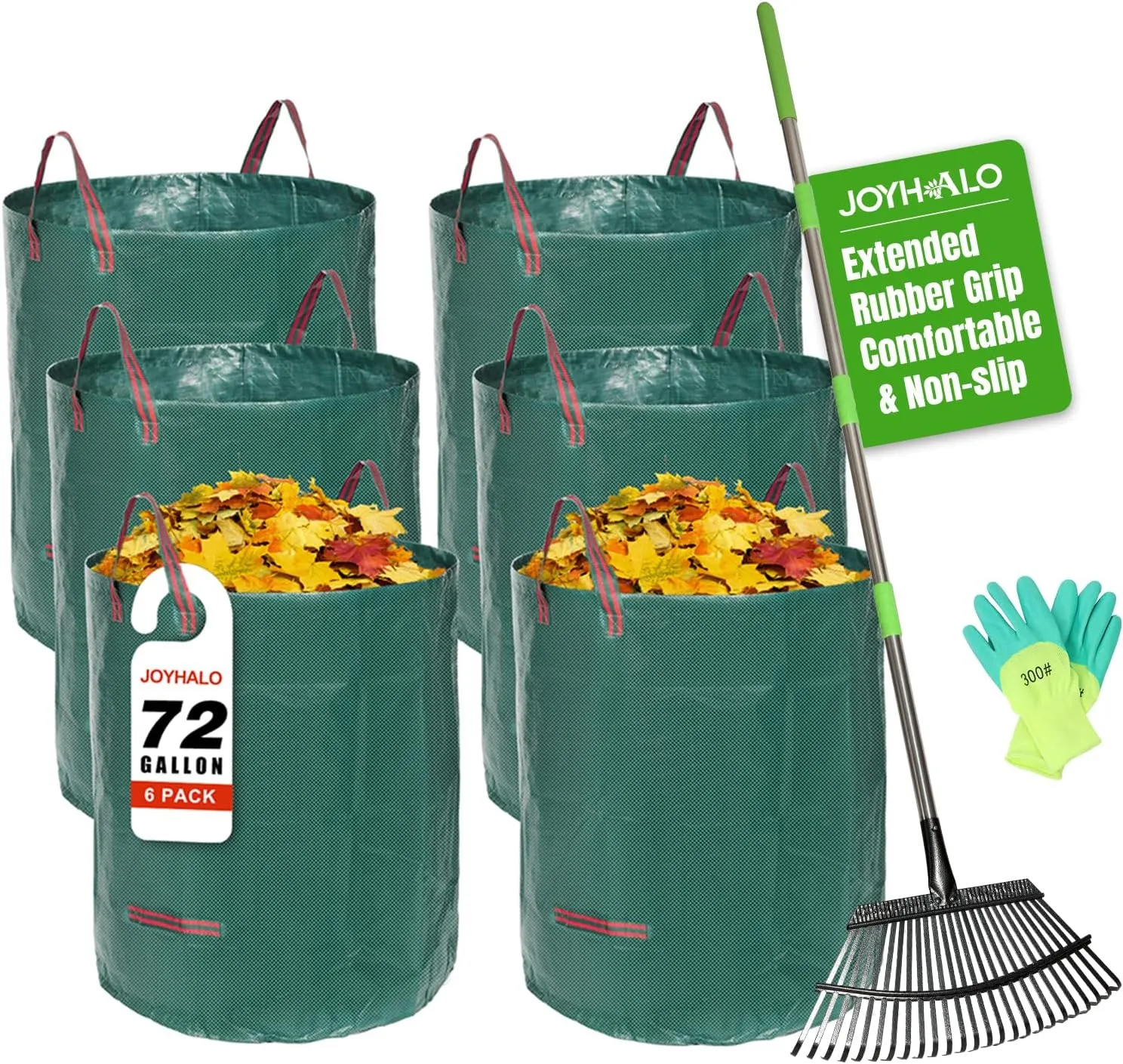 Joyhalo Rake For Leaves, 25 Tines Garden Rake With 6 Pack 72 Gallon Leaf Bags