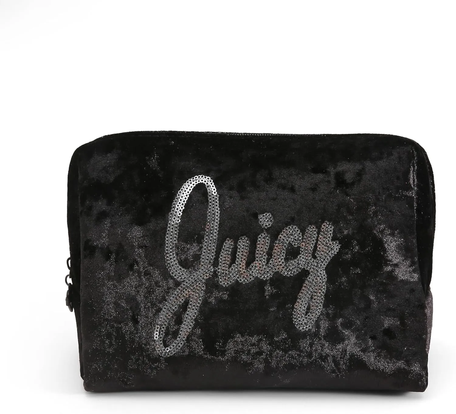 Juicy Couture Women's Cosmetics Bag - Travel Makeup and Toiletries Clutch Wedge Pouch, Black Crushed Velvet