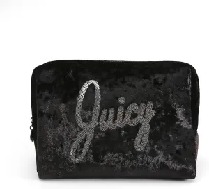 Juicy Couture Women's Cosmetics Bag - Travel Makeup and Toiletries Clutch Wedge Pouch, Black Crushed Velvet