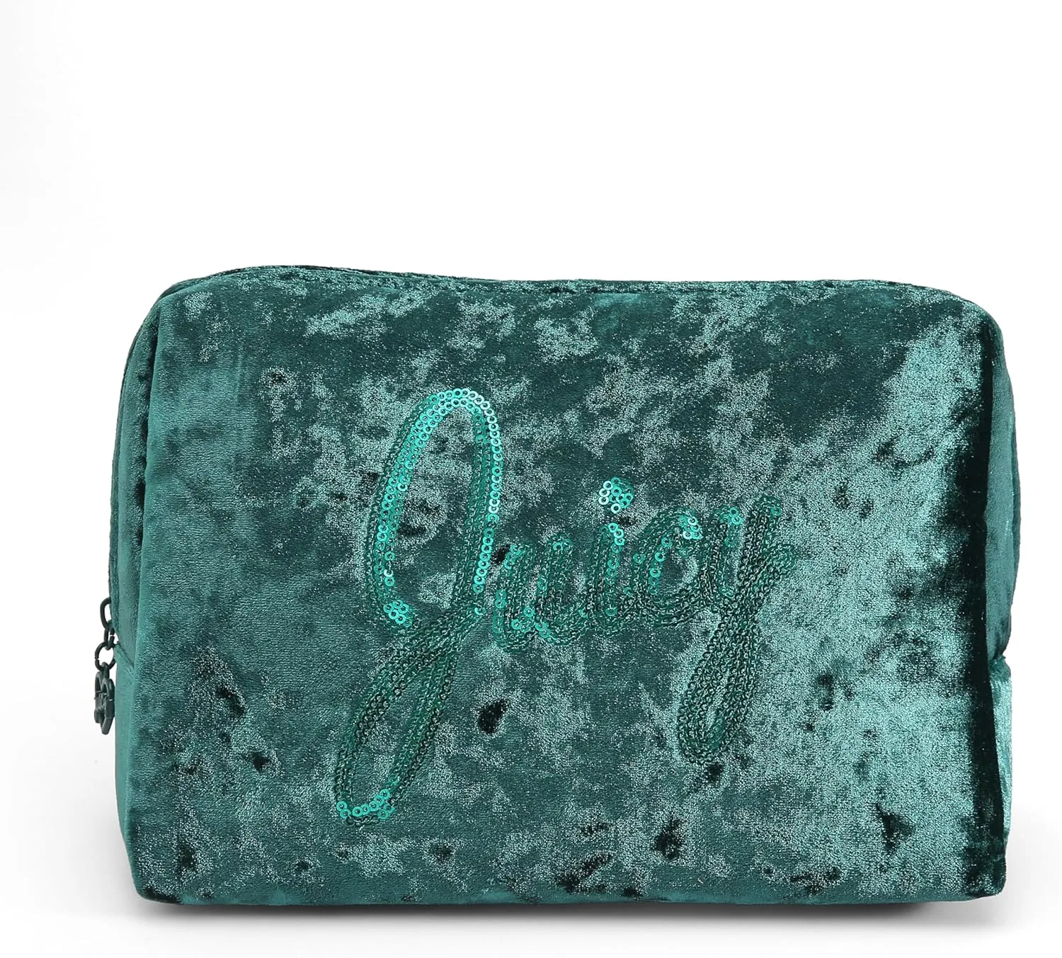 Juicy Couture Women's Cosmetics Bag - Travel Makeup and Toiletries Clutch Wedge Pouch, Green Crushed Velvet