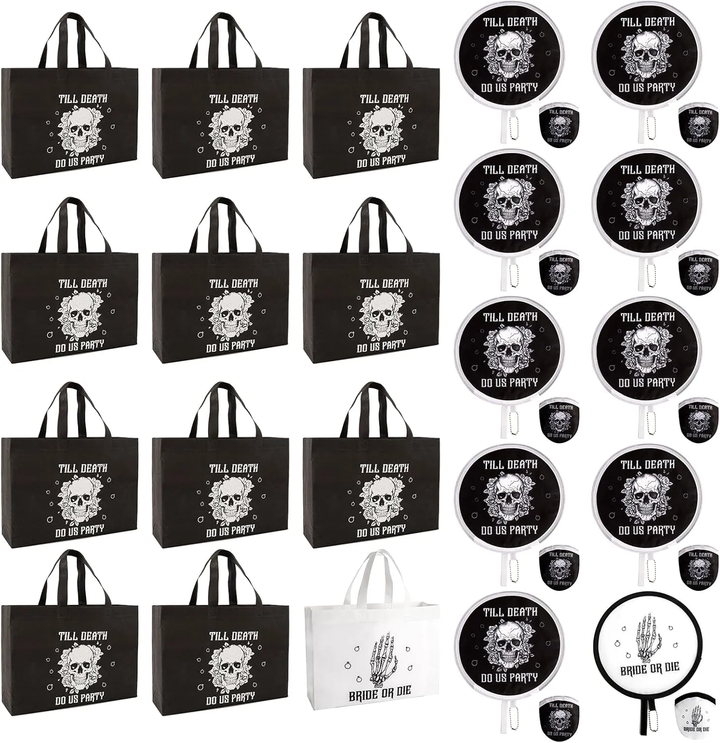 JYSILIYH 12Pcs Bride or Die Bachelorette Party Gift Bag 12Pcs Skeleton Round Foldable Hand Fan,Till Death Do Us Party Tote Bag,Skeleton Bridesmaid Bag for Wedding Bachelorette Bridal Shower Supplies