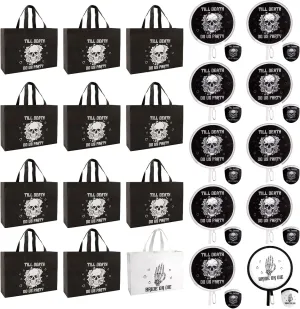 JYSILIYH 12Pcs Bride or Die Bachelorette Party Gift Bag 12Pcs Skeleton Round Foldable Hand Fan,Till Death Do Us Party Tote Bag,Skeleton Bridesmaid Bag for Wedding Bachelorette Bridal Shower Supplies