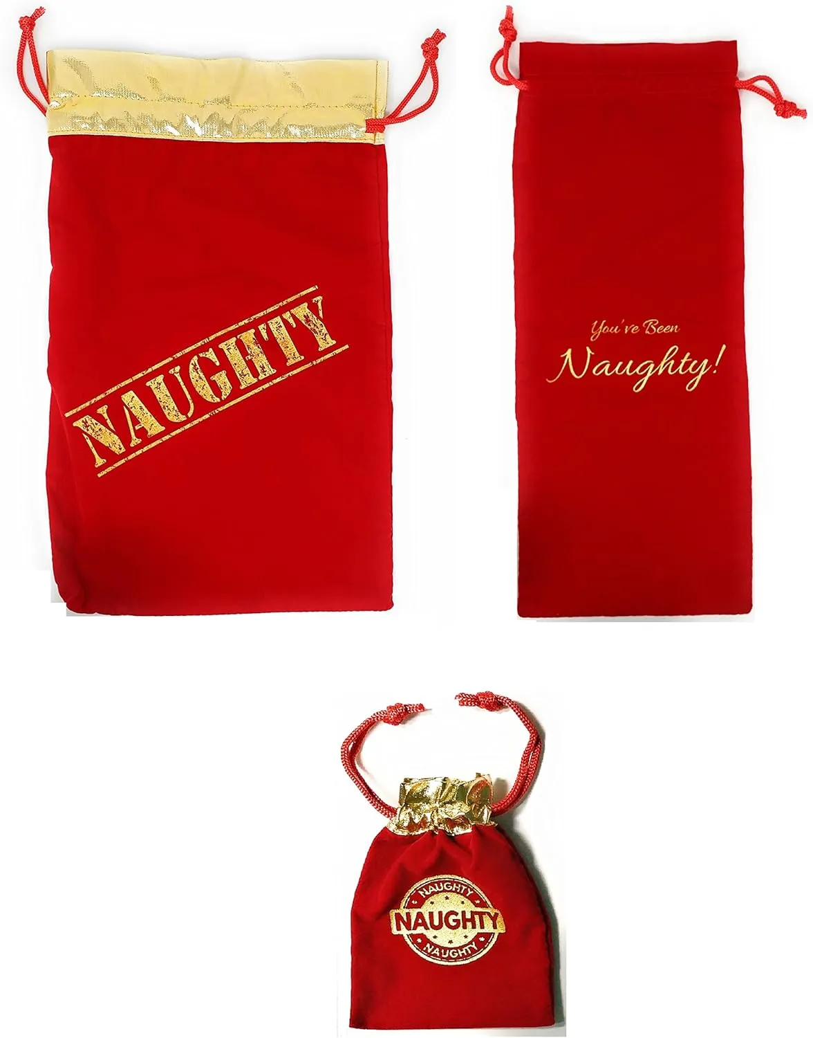 K-Kraft Christmas Velvet Stocking Gift Bags - Naughty or Nice Holiday Treat Bags, 3 Reusable Christmas Party Gift or Favors