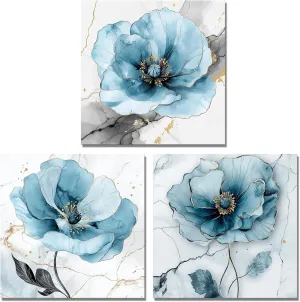 Kalormore 3 Pieces Blue Flower Canvas Wall Art Elegant Poppy Floral Print on Marble Texture Print Artwork Rustic Wall Decor