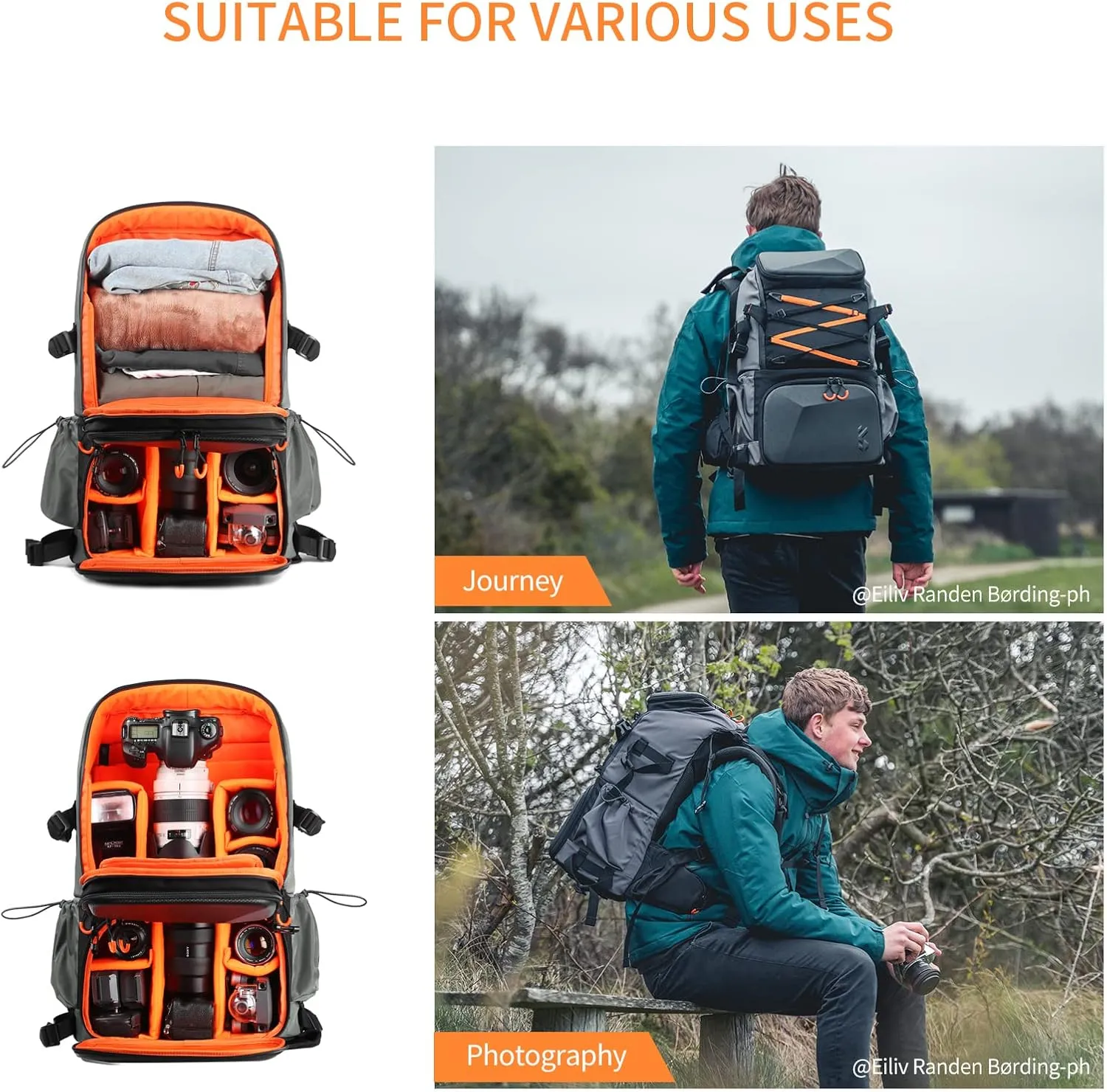 K&F Concept Camera Bag EVA Waterproof 2 in 1Camera Backpack Shoulder Bag 32L Large Capacity with Rain Cover Storage for 15.6" Laptop for Photography