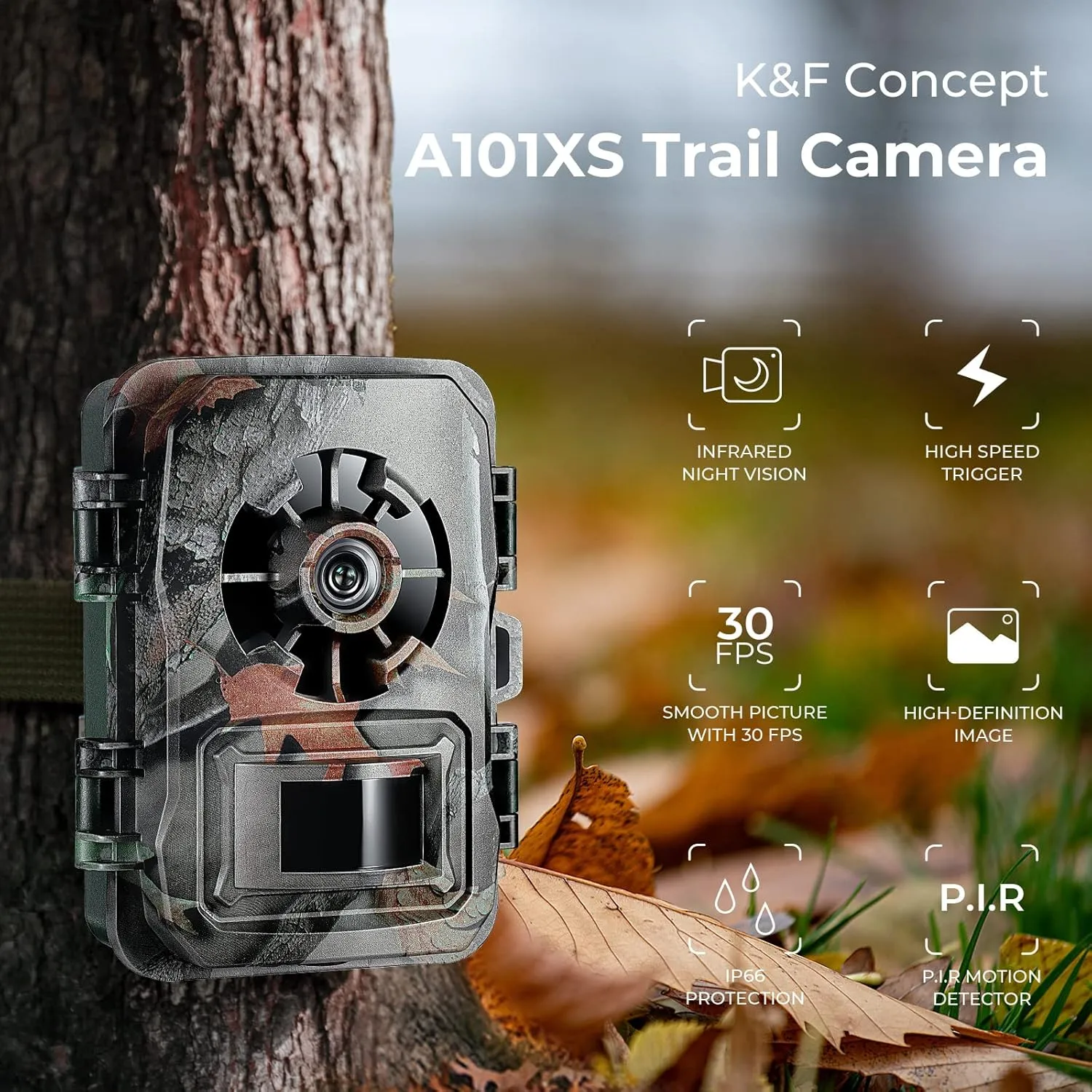 K&F Concept Trail Camera 24MP 1296P, Game Camera with No Glow Night Vision Motion Activated IP66 Waterproof for Wildlife Monitoring, 0.2s Trigger Time,120° Wide Lens, Free 64GB SD Card & 4*Batteries
