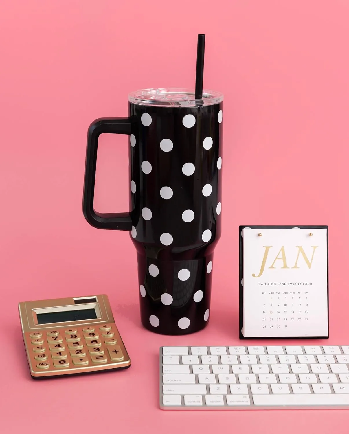 kate spade new york 40 Ounce Tumbler with Handle and Straw, Double Wall Stainless Steel Insulated Tumbler, Cupholder Friendly 40 oz Cup, Black Metal Tumbler for Hot or Cold Drinks, Picture Dot