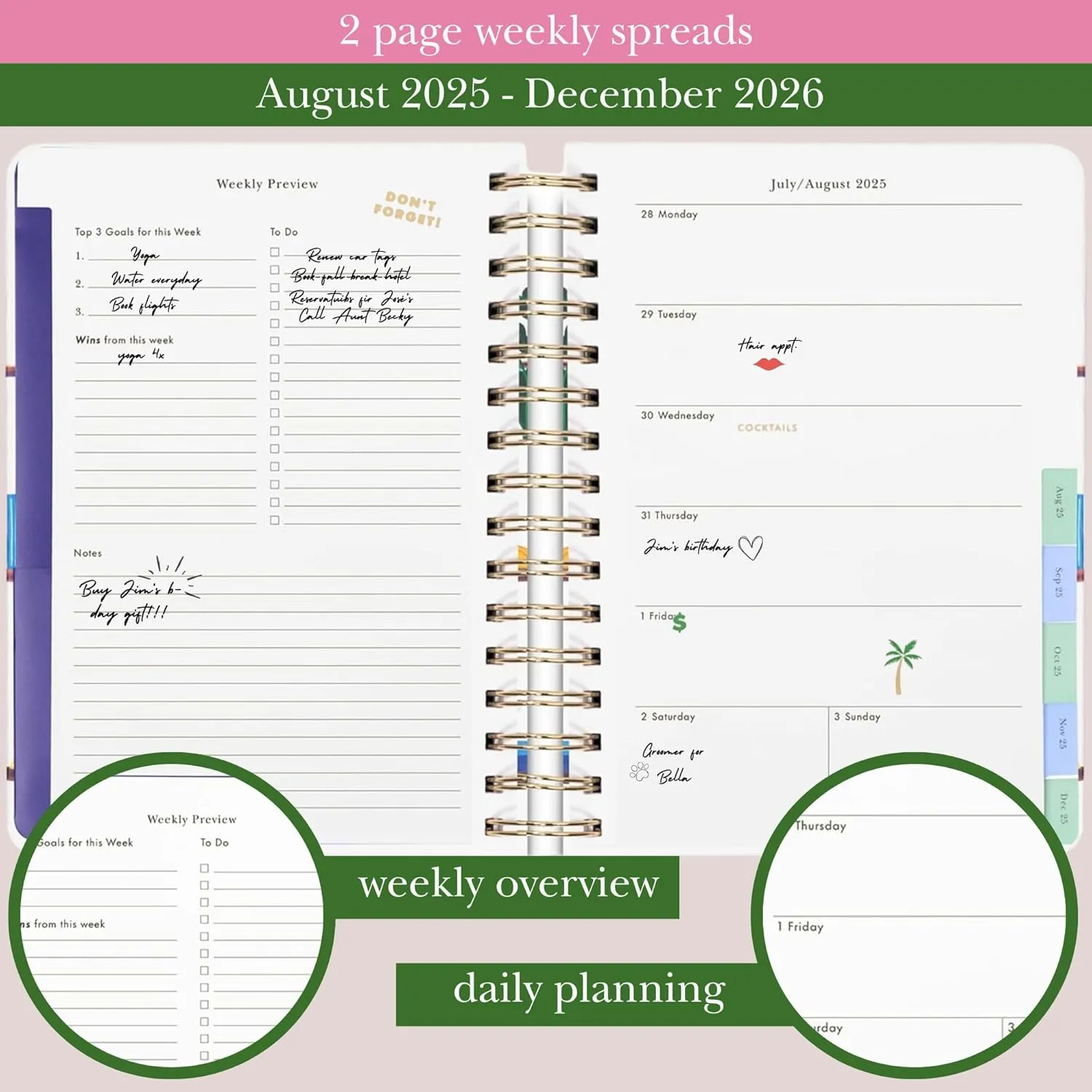 kate spade new york Daily Planner 2025-2026 Large Agenda August 2025-December 2026, Hardcover Weekly and Monthly Spiral Planner with Stickers (Charmed Library)
