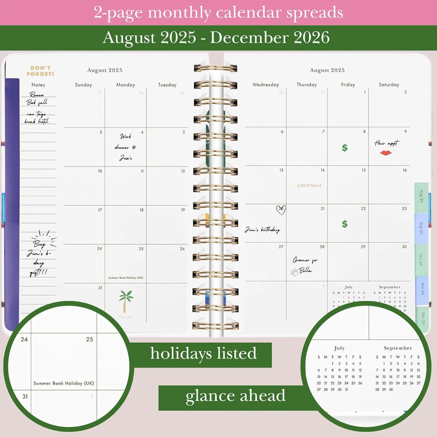 kate spade new york Daily Planner 2025-2026 Large Agenda August 2025-December 2026, Hardcover Weekly and Monthly Spiral Planner with Stickers (Charmed Library)