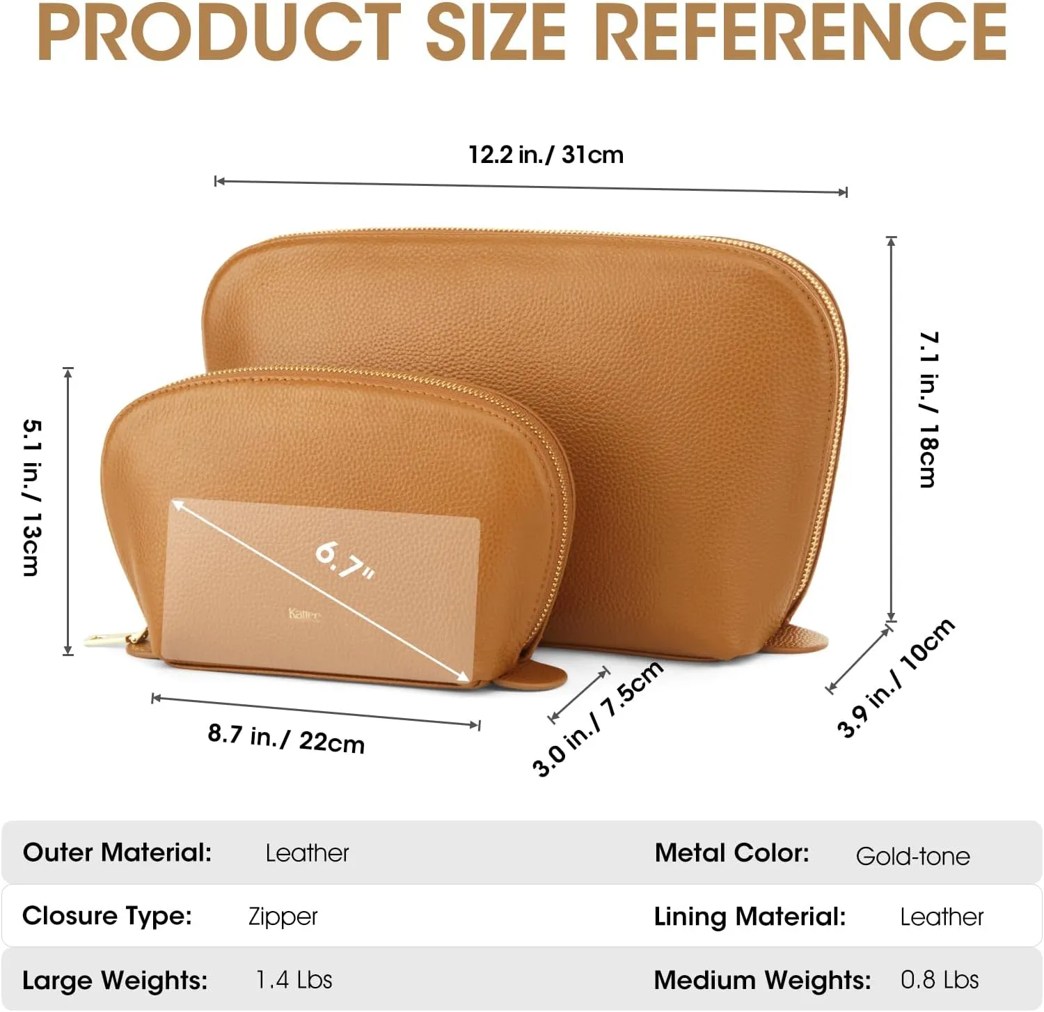 Kattee Leather Makeup Bag, Travel Cosmetic Bag Set, Toiletry Bag Organizer for Women, 1-PACK, Large, Brown