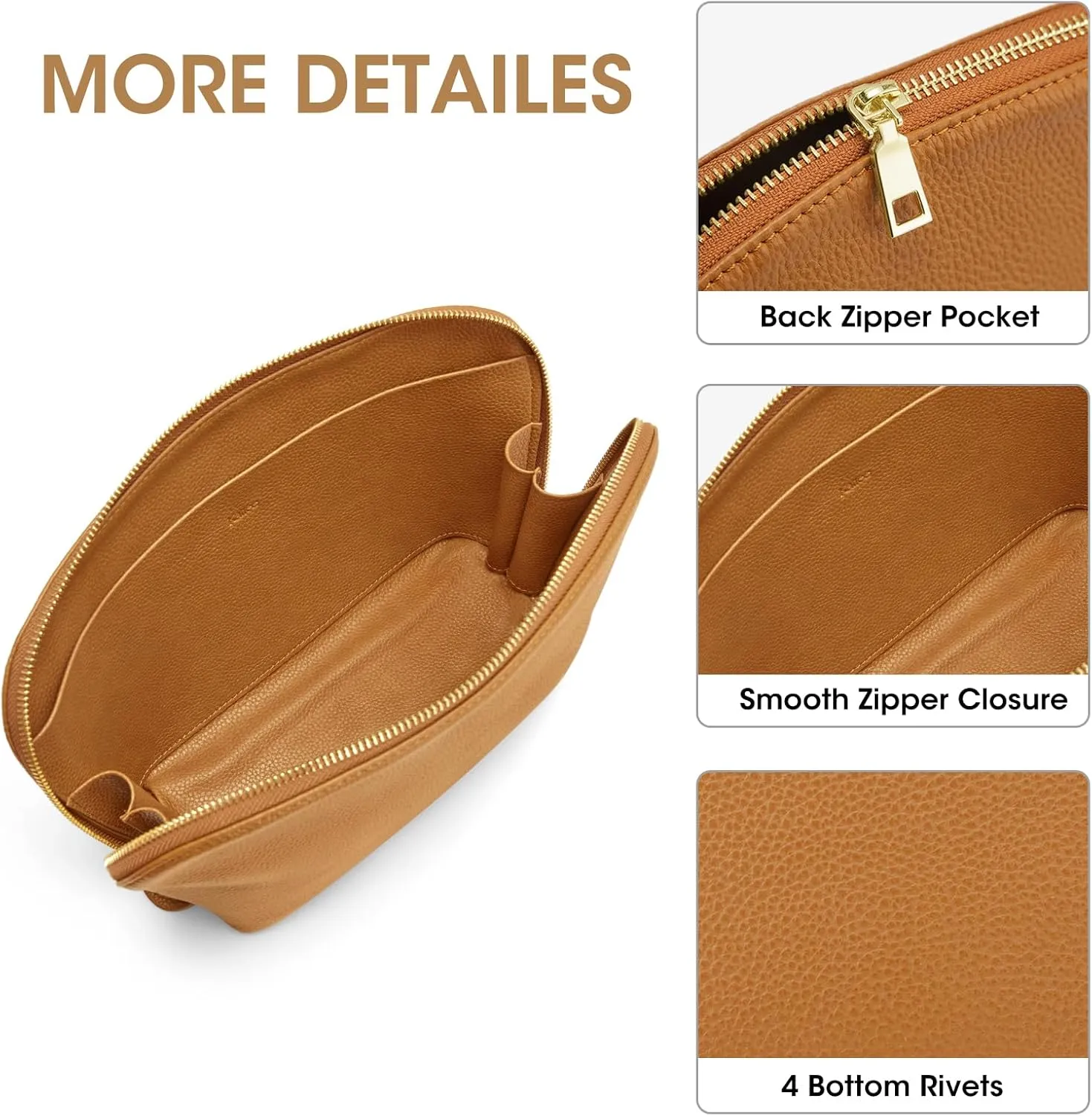 Kattee Leather Makeup Bag, Travel Cosmetic Bag Set, Toiletry Bag Organizer for Women, 1-PACK, Large, Brown