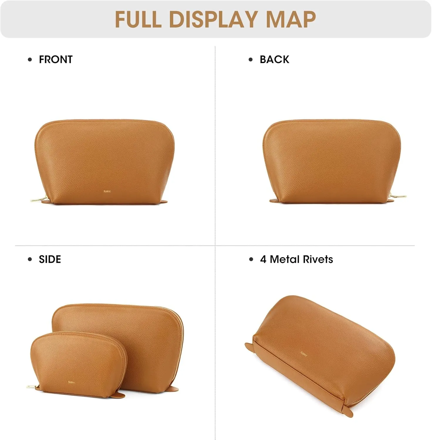 Kattee Leather Makeup Bag, Travel Cosmetic Bag Set, Toiletry Bag Organizer for Women, 1-PACK, Large, Brown