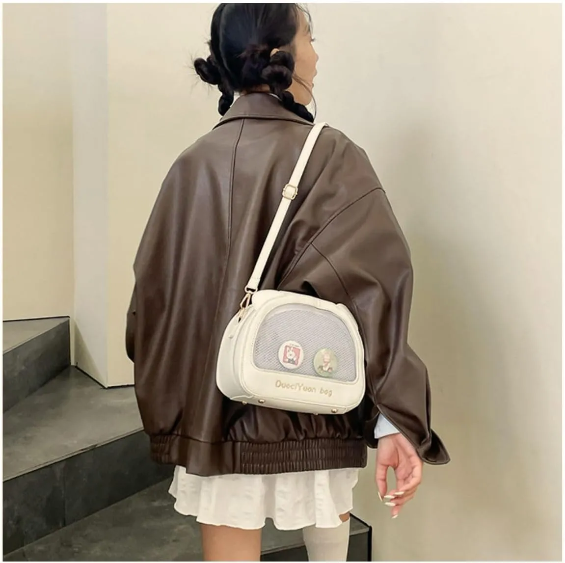Kawaii Ita Crossbody Bag with Cat Ear & Pin Display Insert - Cute Small Shoulder Purse for Anime Cosplay