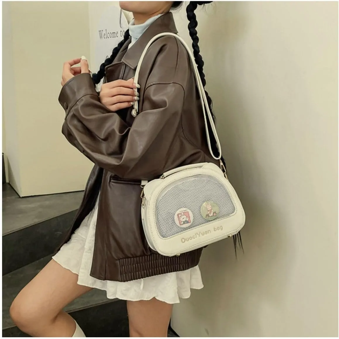 Kawaii Ita Crossbody Bag with Cat Ear & Pin Display Insert - Cute Small Shoulder Purse for Anime Cosplay