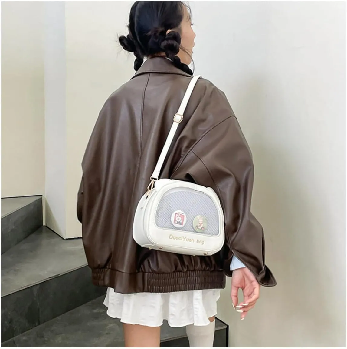 Kawaii Ita Crossbody Bag with Cat Ear & Pin Display Insert - Cute Small Shoulder Purse for Anime Cosplay